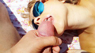 public blowjob on the beach then cum in mouth and swallow